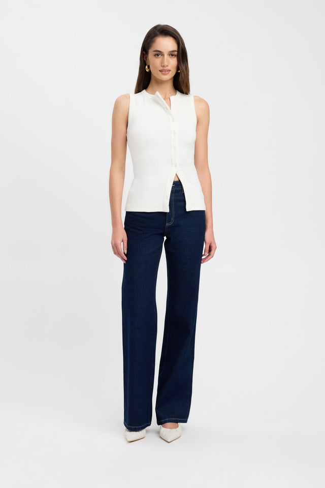 side Bec Button Tank Kookai Fitted Roundneck Sleeveless Womens-Blouse
