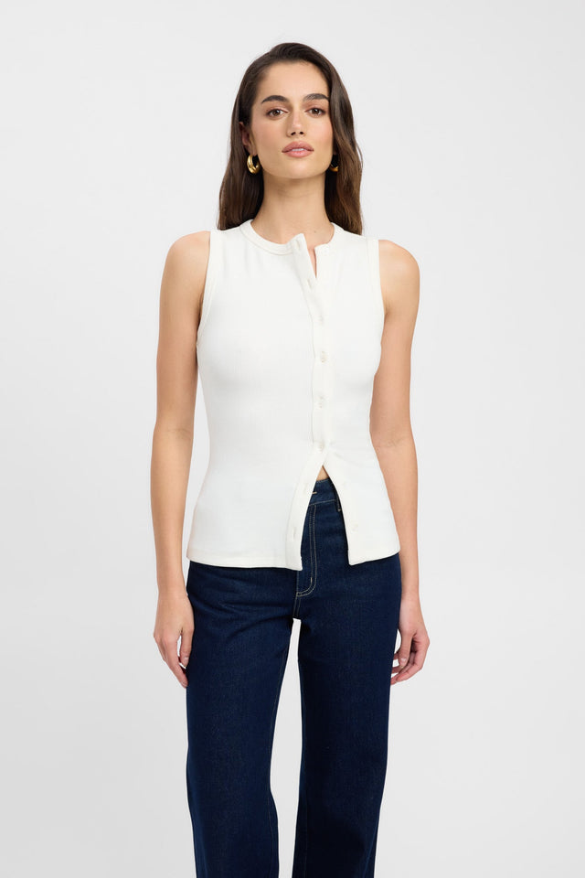 front Bec Button Tank Kookai Fitted Roundneck Sleeveless Womens-Blouse