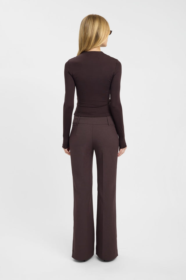Showcasing the Alexi Long Sleeve Top womens-blouse in chocolate with fitted fit, v-neck, and full straight sleeves back