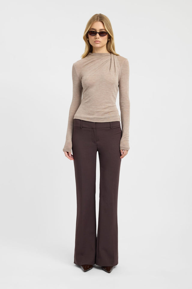 Showcasing the Anna Wool Long Sleeve Top womens-blouse in tan with fitted high-neck full sleeves front
