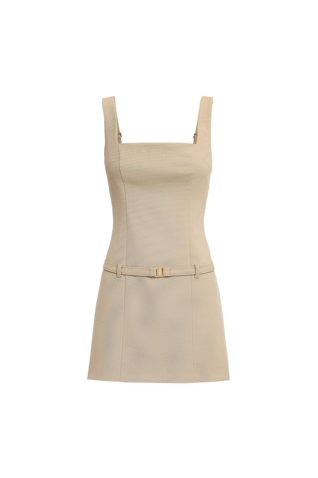 Ariel Belted Mini Dress Kookai Straight Mini Fitted Squareneck beige womens-dresses 
