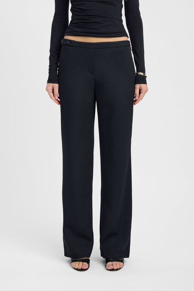 Crafted with the Ariel Button Tab Pant in wide-leg high-rise black womens regular pants on-body