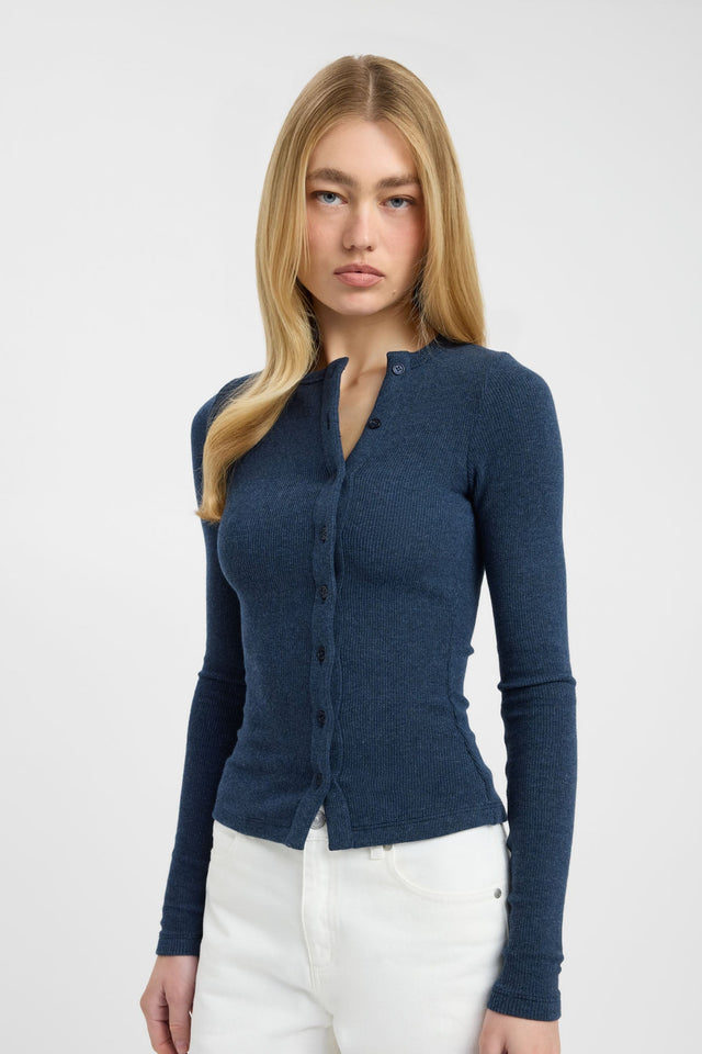 Featuring the Bec Button Long Sleeve Top in womens-blouse with fitted design, v-neck, teal color, and full straight sleeves detail
