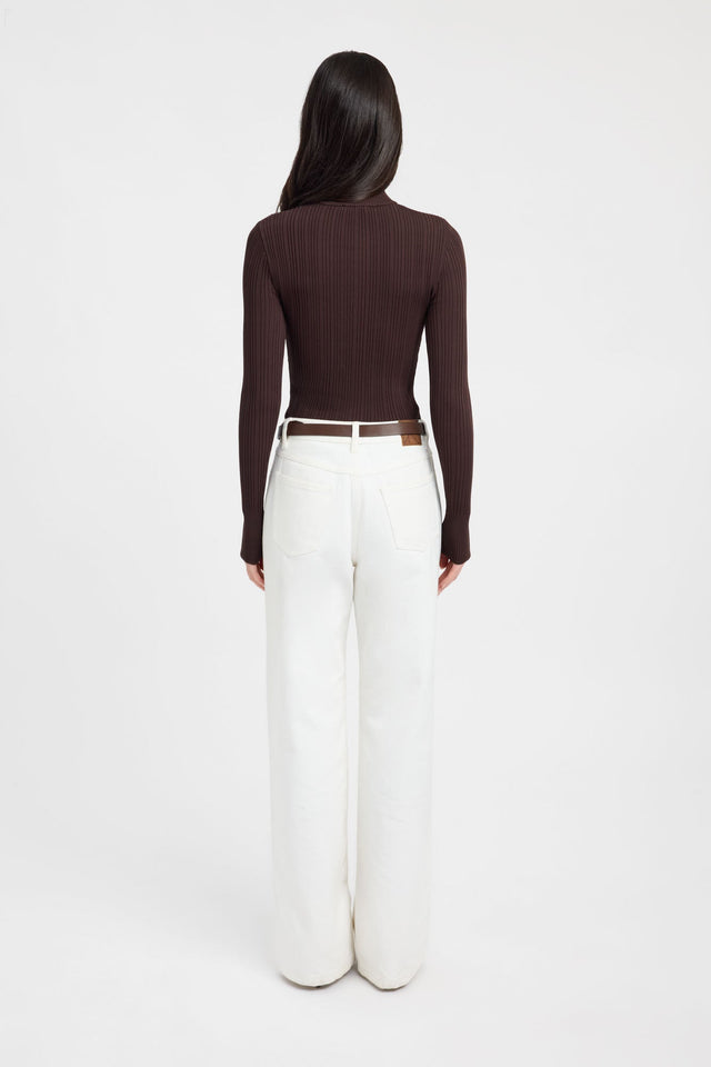 Crafted Bristol Zip Top womens blouse in saddle brown with fitted high-neck full sleeves back