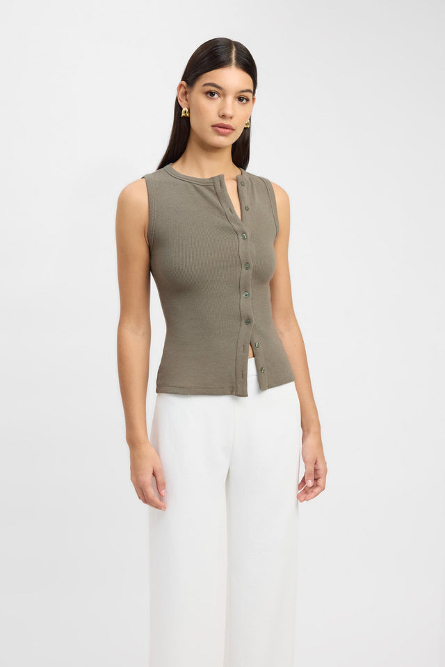 side Bec Button Tank Kookai Fitted Roundneck Sleeveless Womens-Blouse 