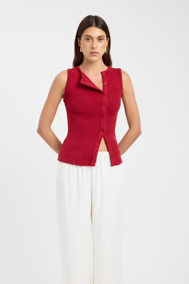 front Bec Button Tank Kookai Fitted Roundneck Sleeveless Womens-Blouse 