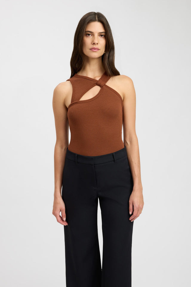 side Chloe Tank Kookai Fitted Asymmetry brown womens-singlets 