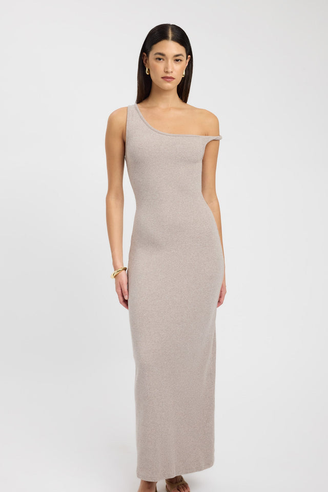 side Finnie Dress Kookai Bodycon Maxi Fitted Scoopneck beige womens-dresses 
