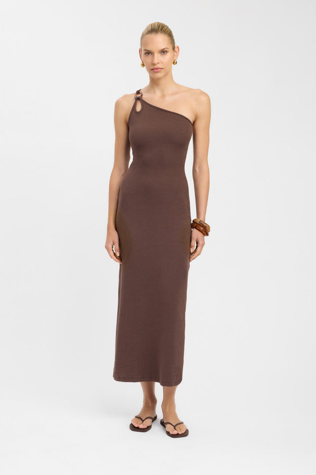 side Tawney Dress Kookai Straight Maxi Fitted Asymmetry brown womens-dresses 