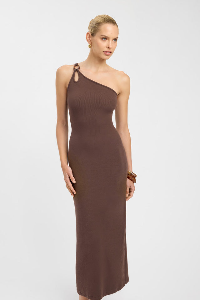 front Tawney Dress Kookai Straight Maxi Fitted Asymmetry brown womens-dresses 