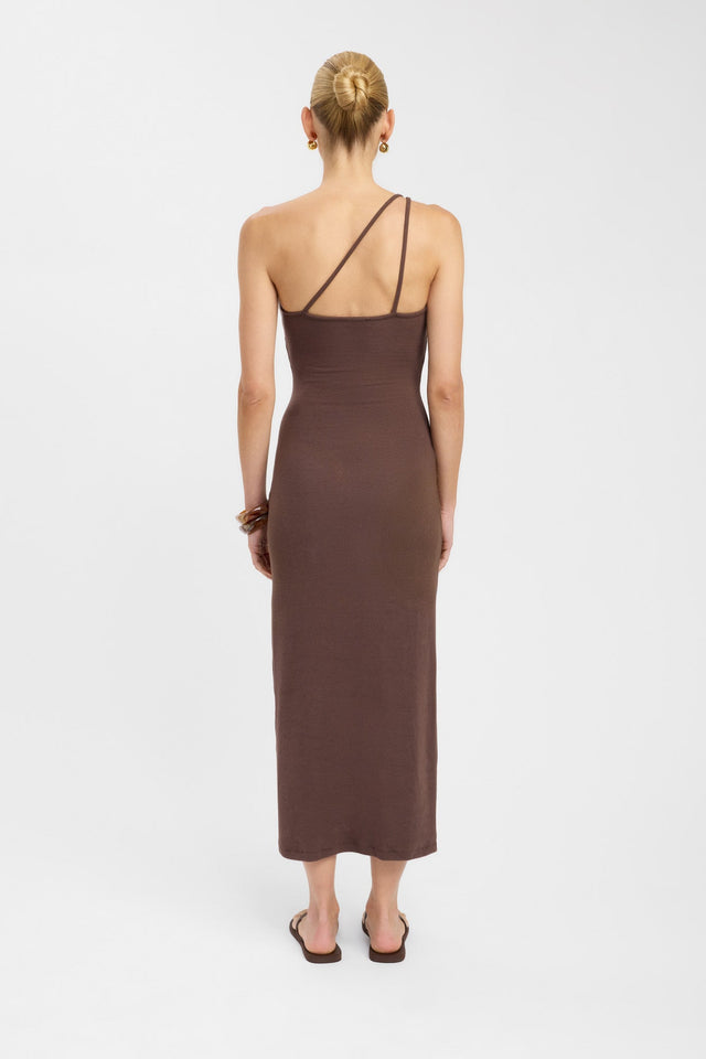 back Tawney Dress Kookai Straight Maxi Fitted Asymmetry brown womens-dresses 