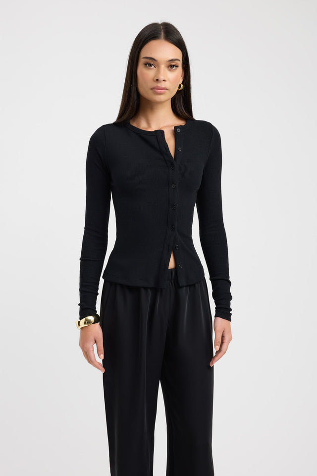 front Bec Button Long Sleeve Top Kookai Fitted Roundneck Long sleeve Womens-Blouse 