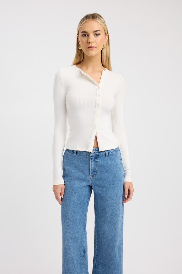 front Bec Button Long Sleeve Top Kookai Fitted Roundneck Long sleeve Womens-Blouse 