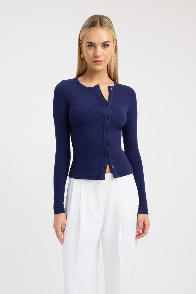 front Bec Button Long Sleeve Top Kookai Fitted Roundneck Long sleeve Womens-Blouse 