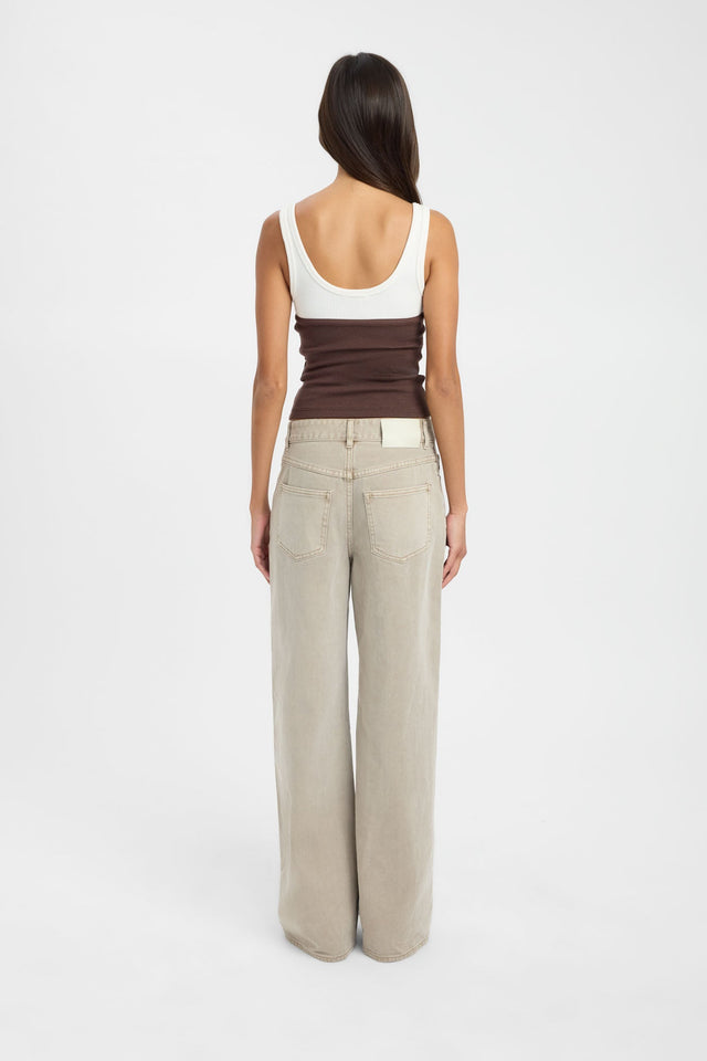 Displaying the Elijah Top womens blouse in chocolate and white with fitted scoop neckline and sleeveless cut back