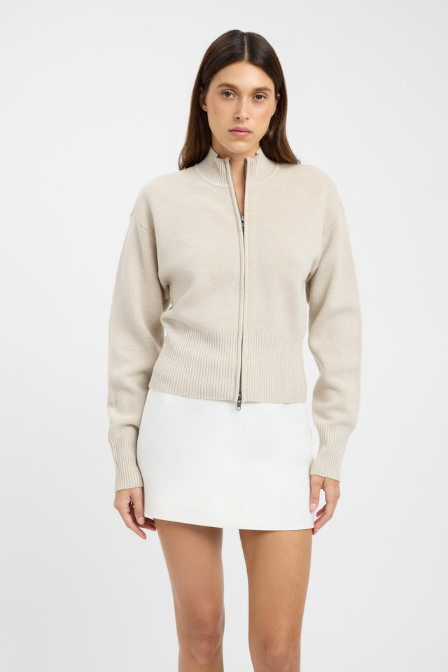 front Dalton Zip Cardigan Kookai High neck Relaxed beige womens-jumpers 