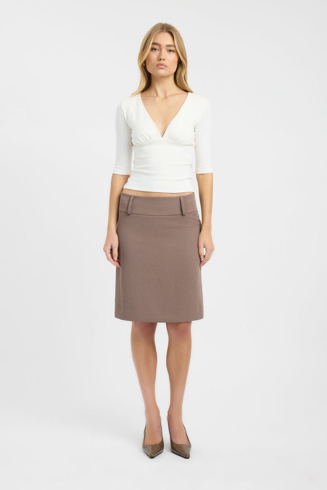 Showcasing the Davie Top womens-blouse in ivory with fitted silhouette, v-neck, and half sleeves front