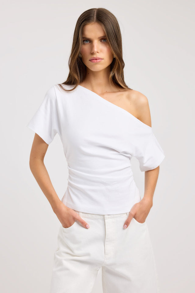 front Nova Off Shoulder Tee Kookai Fitted Asymmetry Short sleeves Womens-Blouse 