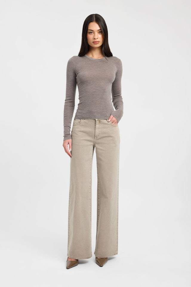 Showcasing the Jackson Crew Neck Top womens blouse in rosy brown with fitted silhouette and full sleeves on-body