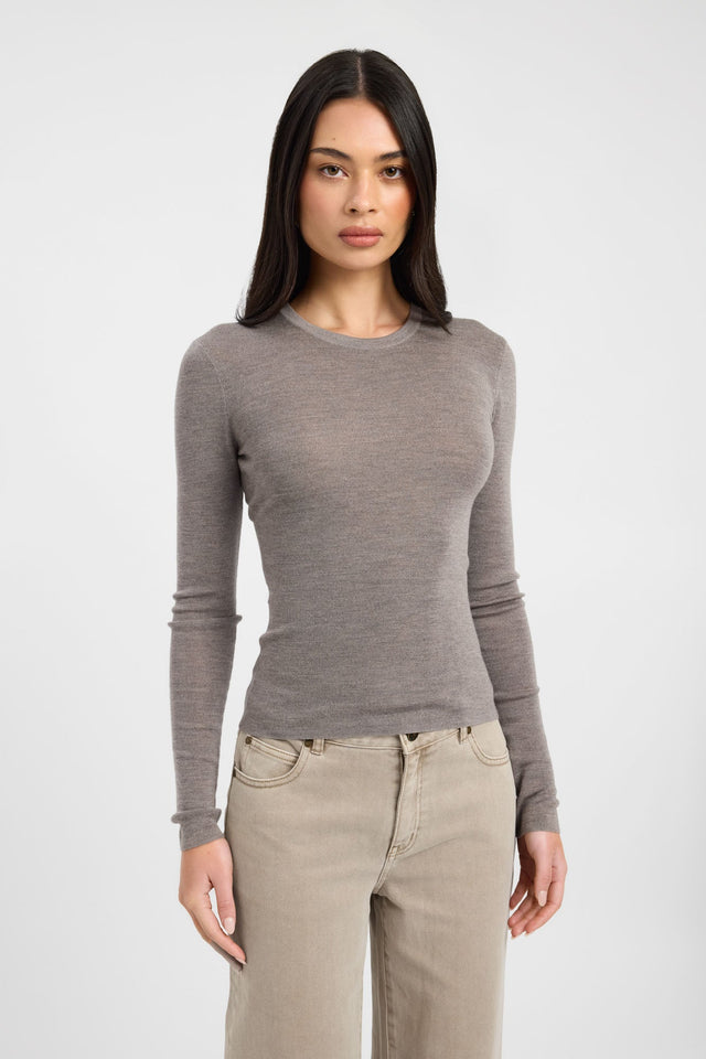 Featuring the Jackson Crew Neck Top womens blouse in rosy brown with fitted round neckline and full sleeves front