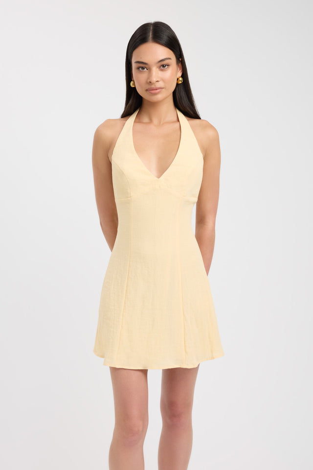 front Hayman Halter Mini Dress Kookai Aline Mini Fitted Plungeneck brown womens-dresses 