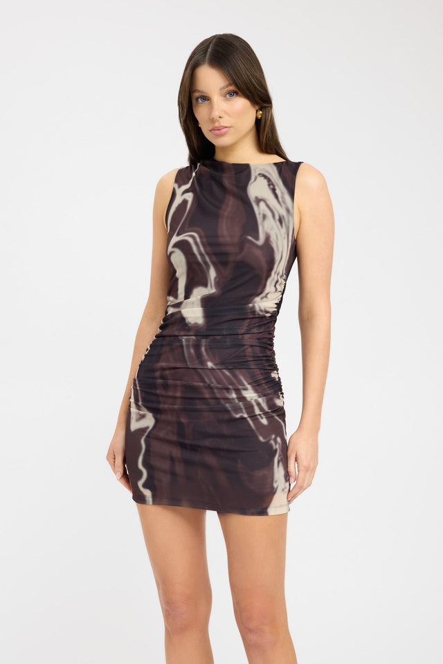 front Tatum Mini Dress Kookai Bodycon Mini Fitted Asymmetry brown womens-dresses 