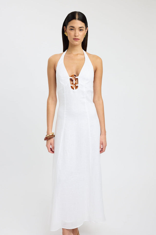 front Tahiti Ring Dress Kookai Aline Maxi Fitted Plungeneck white womens-dresses 