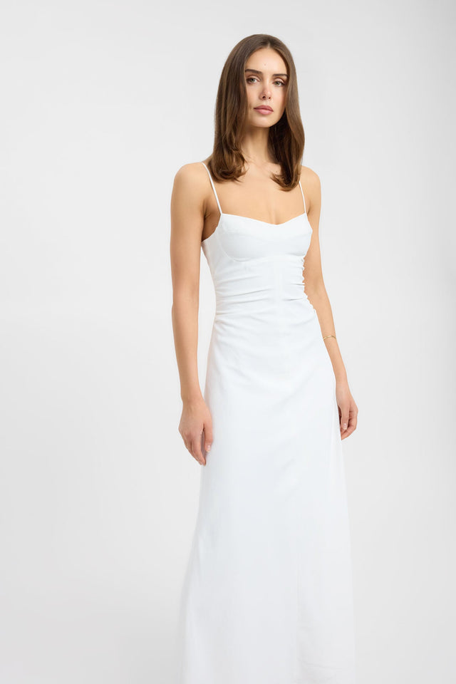 Showcasing the Opal Cinch Maxi Dress in womens-dresses with straight shape, fitted silhouette, sweetheart neckline and white front