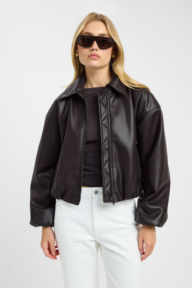 Showcasing the Heavy Phoenix Bomber Jacket in womens coats and jackets with full puffed sleeves and short oversized fit in black front