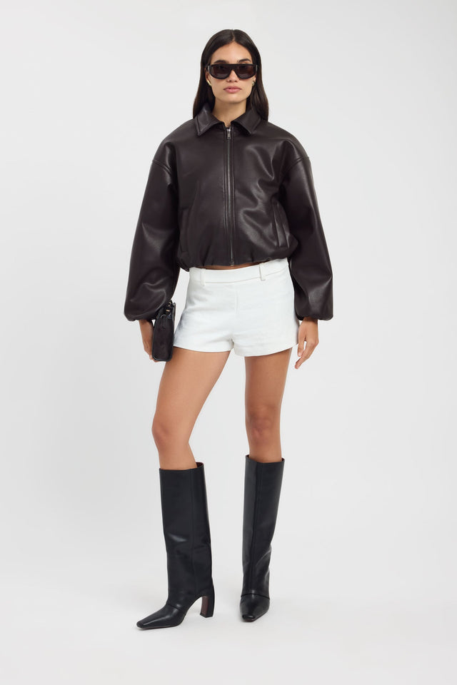 Featuring the Heavy Phoenix Bomber Jacket in womens coats and jackets with full puffed sleeves and short oversized fit in black on-body