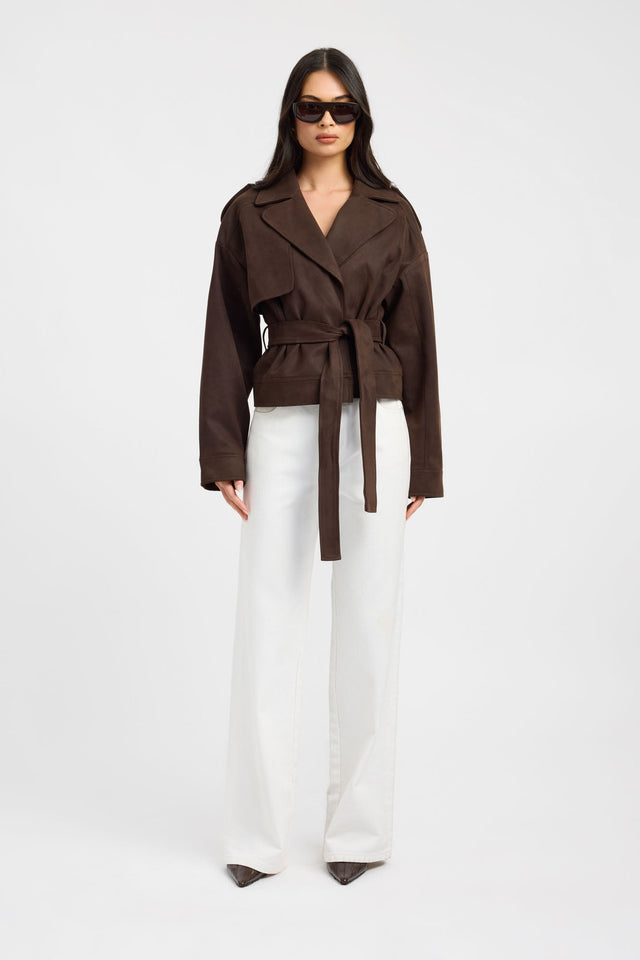 Featuring the Dylan Suede Jacket in womens coats and jackets with full sleeves, biker style, short length, in chocolate on-body