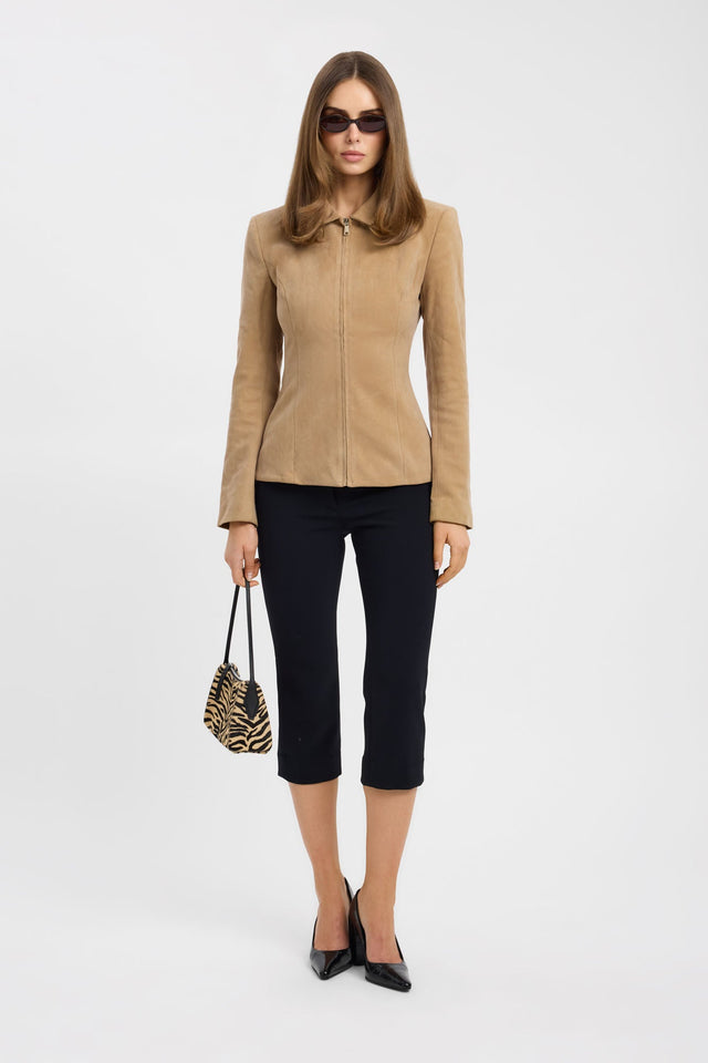 Showcasing the Dylan Sculpted Jacket in womens coats and jackets with full sleeves in tan on-body