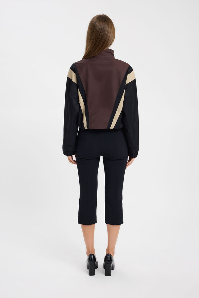 Capturing the Spencer Contrast Spray Jacket in womens coats and jackets with full sleeves, bomber style, short length, and brown, black, and beige palette back