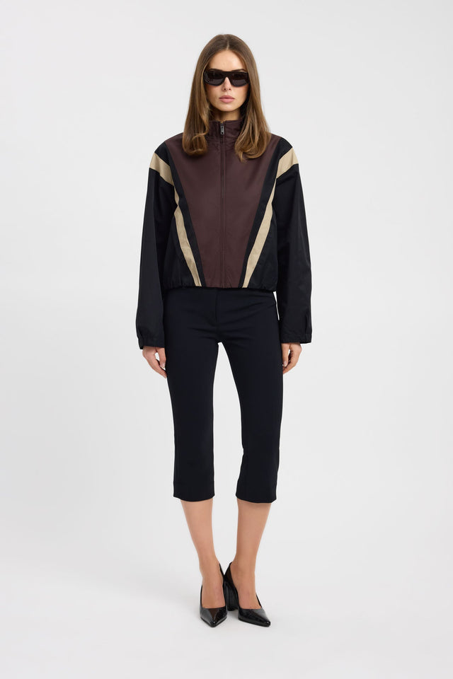 Showcasing the Spencer Contrast Spray Jacket in womens coats and jackets with full sleeves, bomber style, short length, and brown, black, and beige tones front