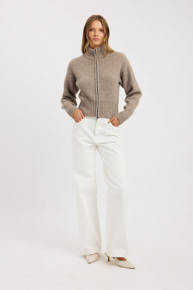 Featuring the Irina Zip Cardigan womens jumper with high-neck and fitted design in grey front