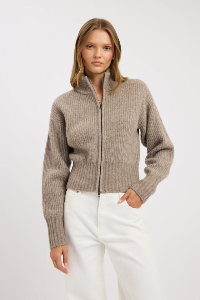 Crafted with a high-neck, the Irina Zip Cardigan womens jumper in fitted tan detail