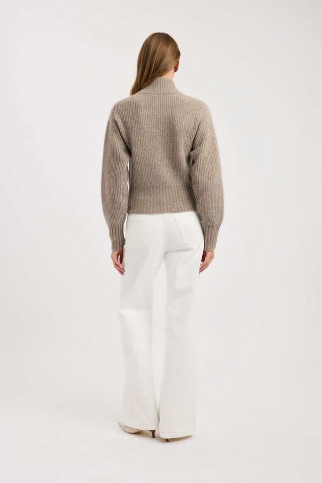 Presenting the Irina Zip Cardigan womens jumper with high-neck and fitted style in tan back
