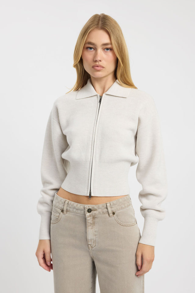 Featuring the Dalton Collared Cardigan womens jumper with fitted cut in ivory front
