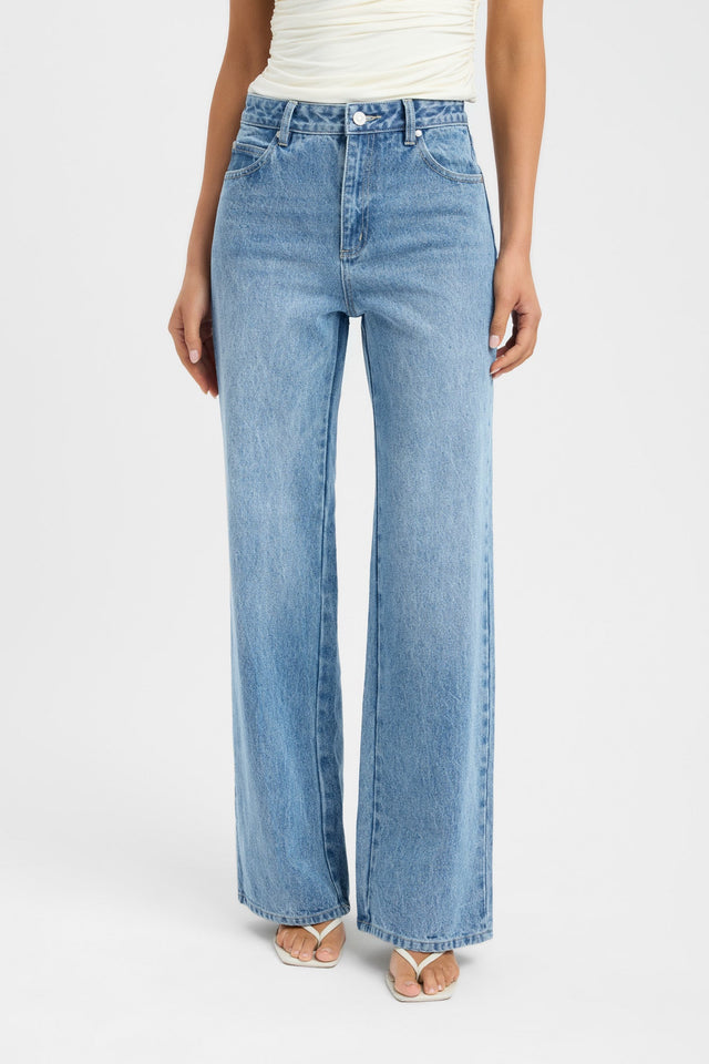 Featuring the Kai Straight Leg Jean in womens regular pants with high-rise light blue styling detail