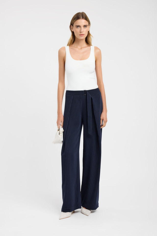 Designed with Oslo D Ring Pant womens regular pants showcasing wide-leg high-rise fit in navy and white striped detail with belt on-body