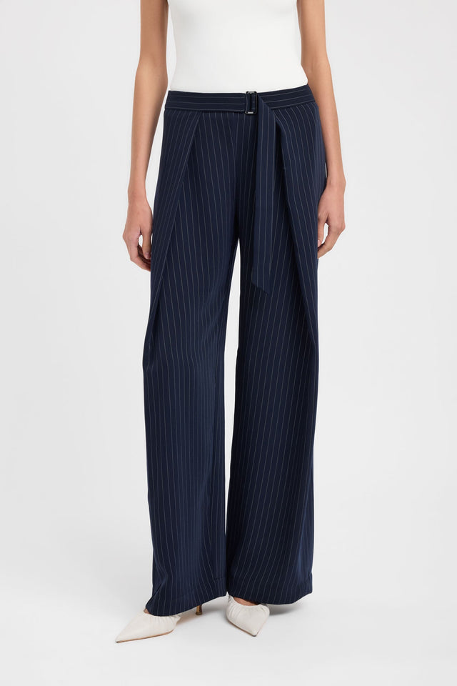 Crafted from Oslo D Ring Pant womens regular pants displaying wide-leg high-rise structure in navy and white with belt detailing side