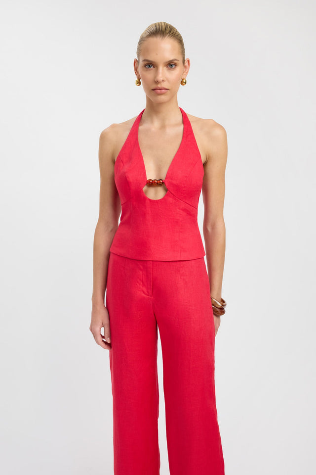 front Palm Bead Halter Top Kookai Fitted Plungeneck Sleeveless Womens-Blouse 