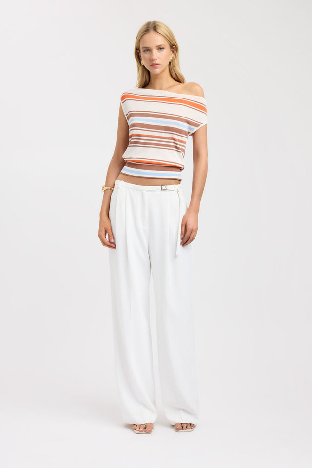 front Skye Stripe Off Shoulder Top Kookai Fitted Asymmetry Short sleeves Womens-Blouse 