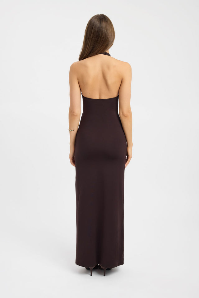 Crafted with the Lila Lace Maxi Dress in womens-dresses featuring straight shape, fitted design, and saddle brown color back