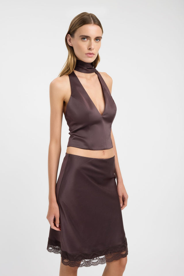 Designed with the Palermo Lace Midi Skirt womens-skirts featuring lace hem in saddlebrown detail