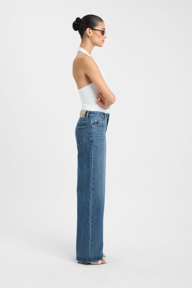 Displaying the Mateo Wide Leg Jean in womens regular pants with high-rise fit and steel blue colour side