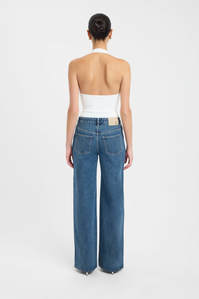 Designed with the Mateo Wide Leg Jean in womens regular pants featuring high-rise and steel blue colour back