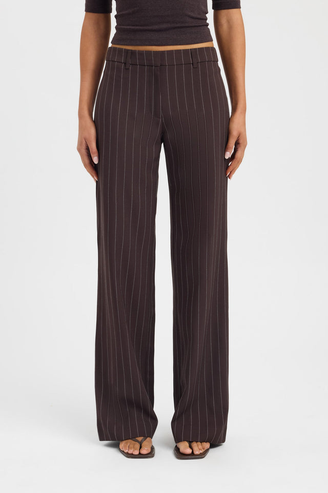 Highlighting the Nevada Low Rise Pant in womens regular pants with wide-leg chocolate and white stripe design detail