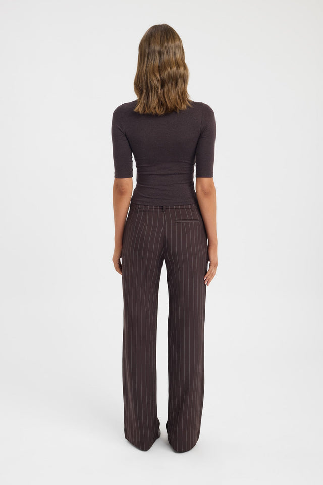 Displaying the Nevada Low Rise Pant in womens regular pants with wide-leg chocolate and white stripe back