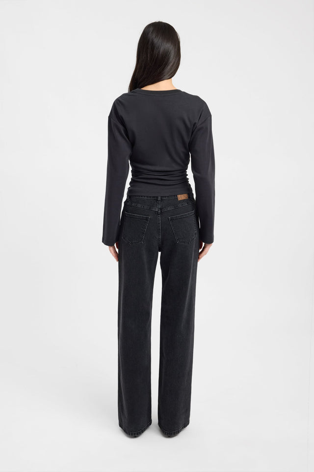 Featuring the Nova Long Sleeve Top womens-blouse in black with fitted silhouette and round neckline back